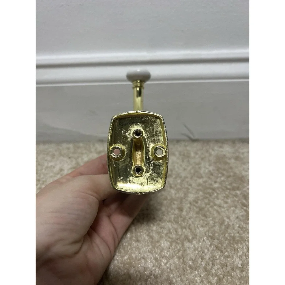 2 Vintage Metal Gold Wall Mount Coat Towel Double Hook Hanger Porcelain Knobs
